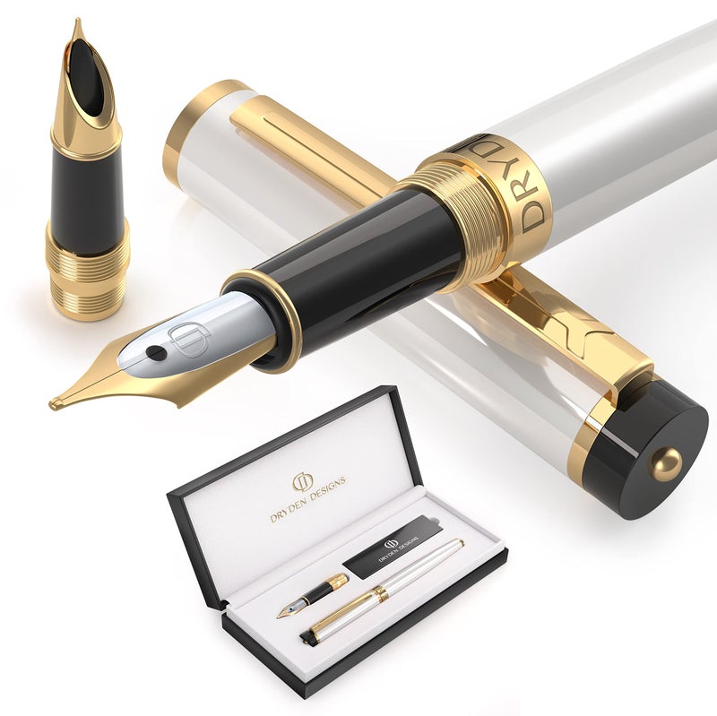 Dryden Designs Fountain Pen - Medium Nib and Fine Nib | Includes Luxury Box, 6 Ink Cartridges - 3 Black 3 Blue and Ink Refill Converter - Pearl White - Image 1